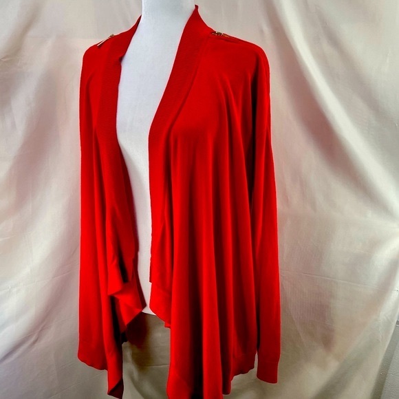 MICHAEL Michael Kors Rich Red Open Knit Cardigan w Zipper Shoulders Full Wrap L - Picture 5 of 15
